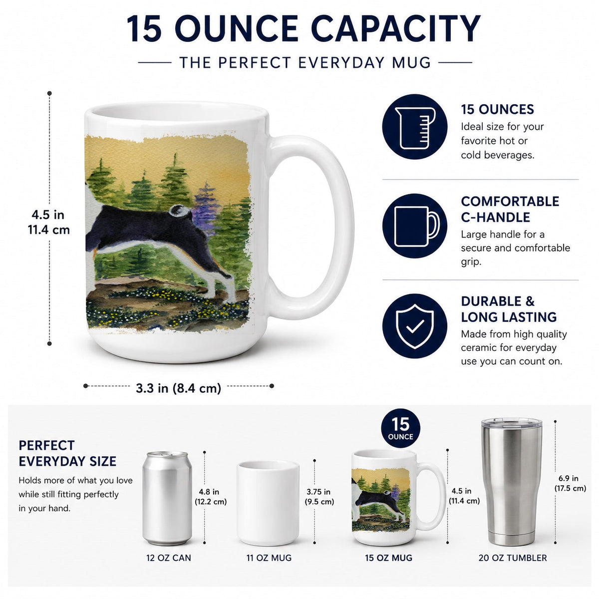Basenji Ceramic Coffee Mug 15 oz Decorative Large C Handle Mug Cup for Tea, Cocoa Hot Chocolate