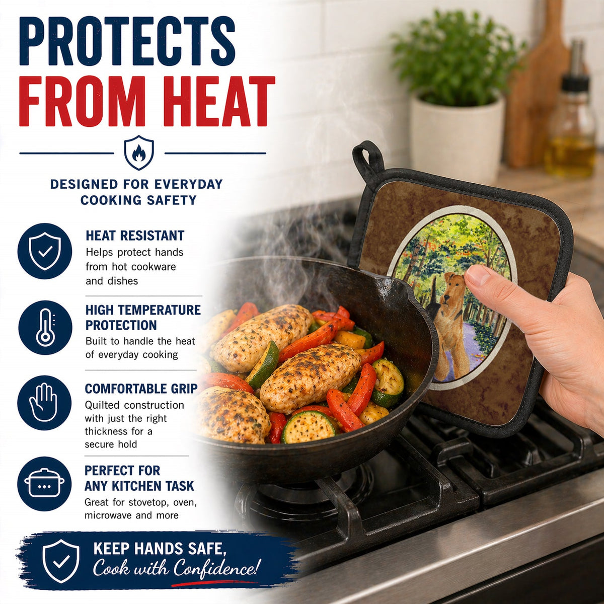Airedale Pot Holder Set of 2 Heat Resistant Quilted Hot Pads 7.5 x 7.5 Inch, Insulated Kitchen Trivets for Cooking & Baking