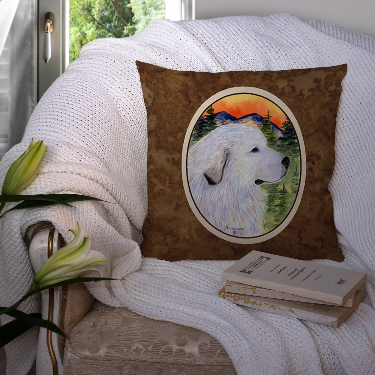 Great Pyrenees Decorative Throw Pillow 14x14 Indoor Outdoor Accent Cushion, Fabric Cover with Insert for Sofa, Bed, Porch & Living Room
