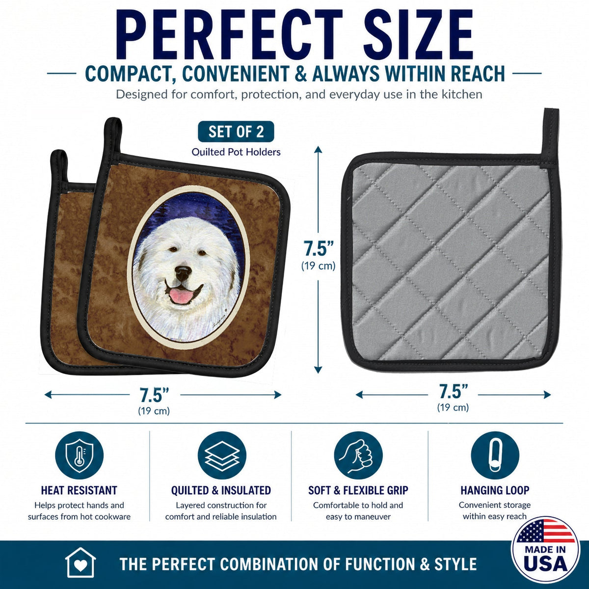 Great Pyrenees Pot Holder Set of 2 Heat Resistant Quilted Hot Pads 7.5 x 7.5 Inch, Insulated Kitchen Trivets for Cooking & Baking