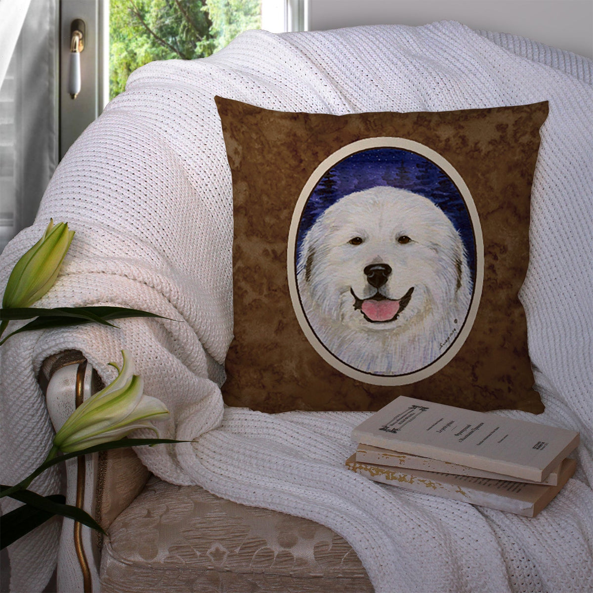 Great Pyrenees Decorative Throw Pillow 14x14 Indoor Outdoor Accent Cushion, Fabric Cover with Insert for Sofa, Bed, Porch & Living Room