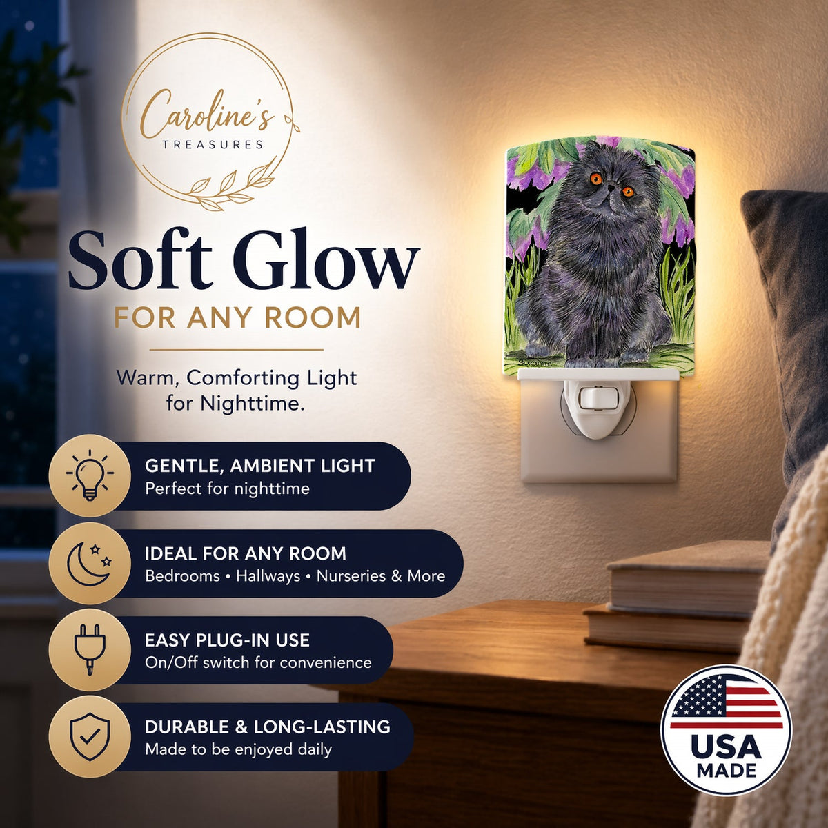 Cat - Persian Ceramic Night Light Compact, UL-Certified, Ideal for Bedroom, Bathroom, Nursery, Hallway, Kitchen, 6x4x3, Multicolor