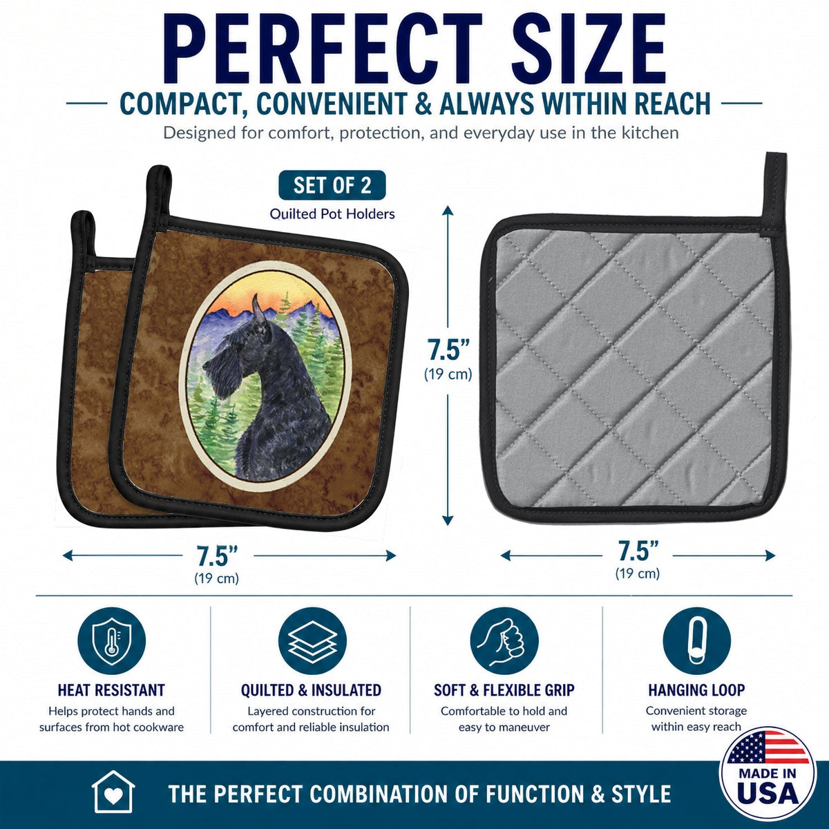 Schnauzer Pot Holder Set of 2 Heat Resistant Quilted Hot Pads 7.5 x 7.5 Inch, Insulated Kitchen Trivets for Cooking & Baking