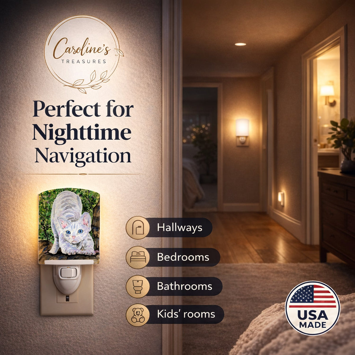 Cat - Devon Rex Ceramic Night Light Compact, UL-Certified, Ideal for Bedroom, Bathroom, Nursery, Hallway, Kitchen, 6x4x3, Multicolor