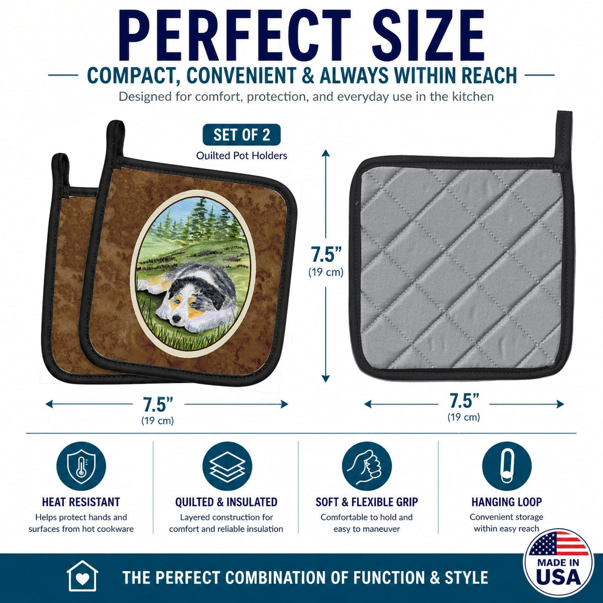 Australian Shepherd Pot Holder Set of 2 Heat Resistant Quilted Hot Pads 7.5 x 7.5 Inch, Insulated Kitchen Trivets for Cooking & Baking