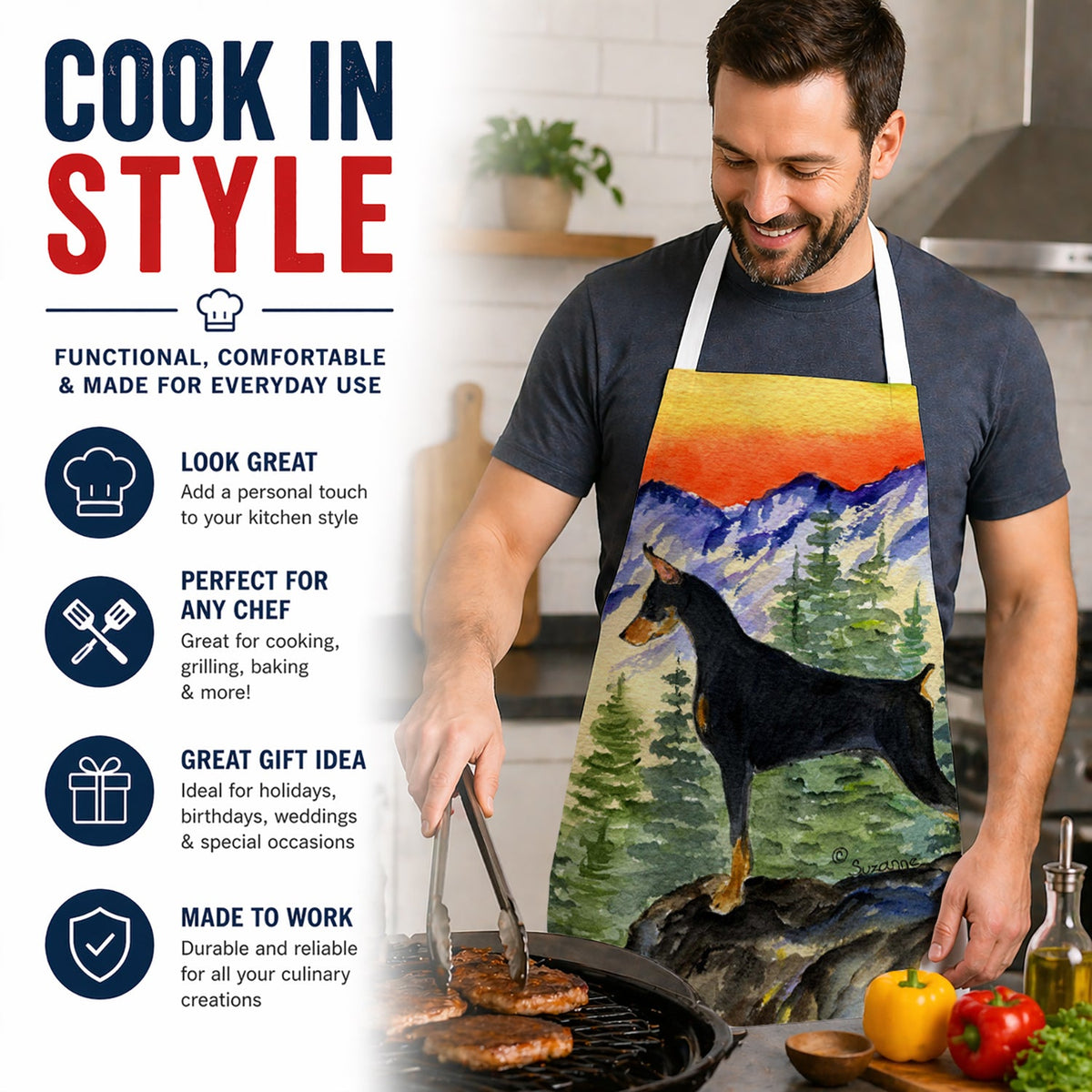 Doberman Apron Cooking Kitchen Server Baking Crafts Gardening for Adult Women Men, Unisex, Large, Multicolor