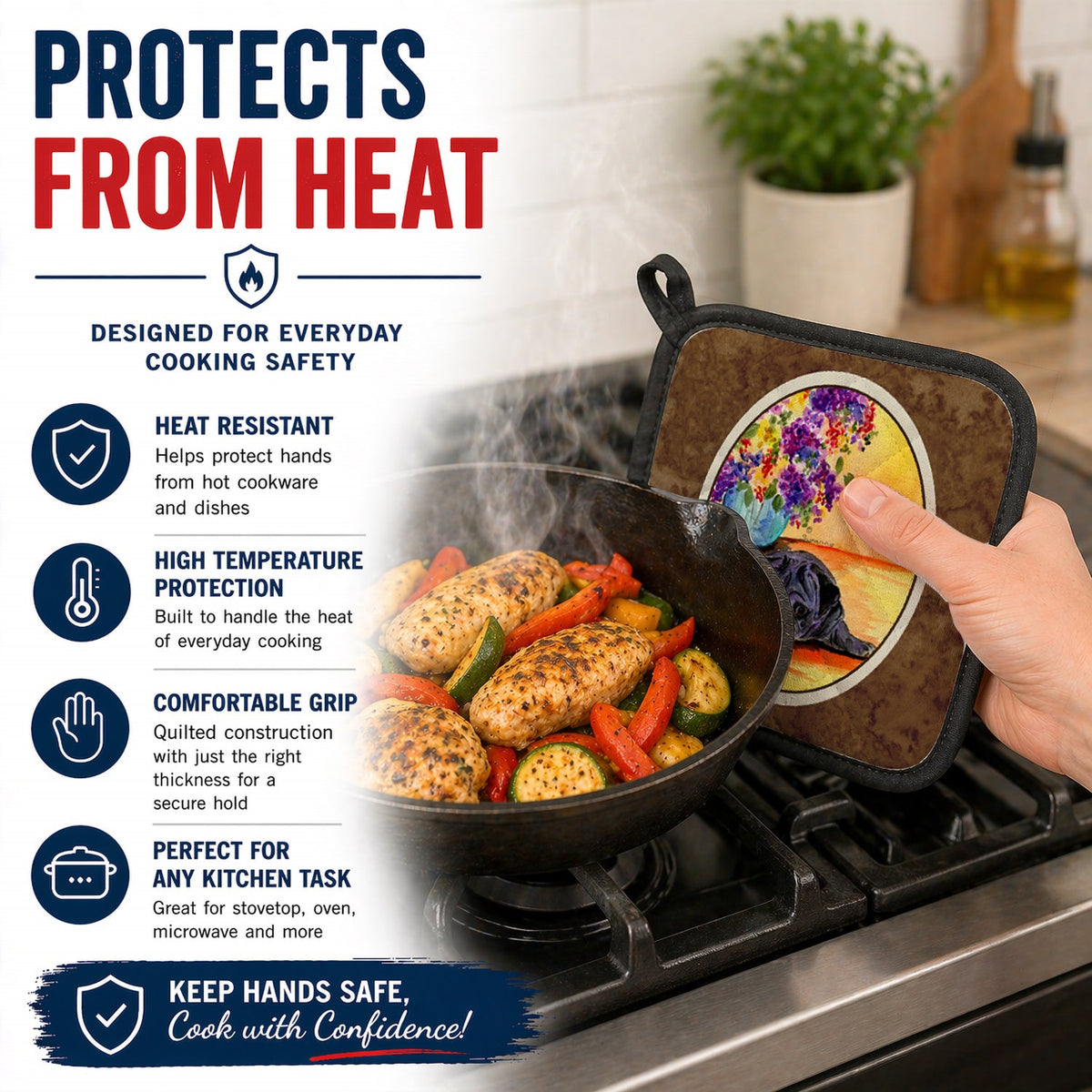 Pug Pot Holder Set of 2 Heat Resistant Quilted Hot Pads 7.5 x 7.5 Inch, Insulated Kitchen Trivets for Cooking & Baking