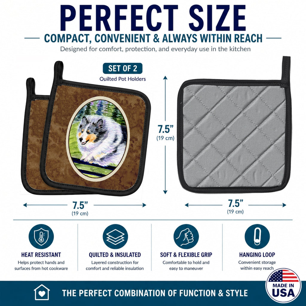 Sheltie Pot Holder Set of 2 Heat Resistant Quilted Hot Pads 7.5 x 7.5 Inch, Insulated Kitchen Trivets for Cooking & Baking