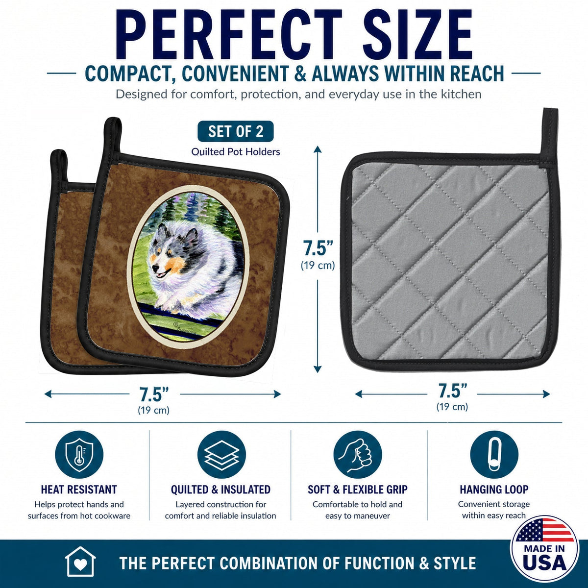 Sheltie Pot Holder Set of 2 Heat Resistant Quilted Hot Pads 7.5 x 7.5 Inch, Insulated Kitchen Trivets for Cooking & Baking