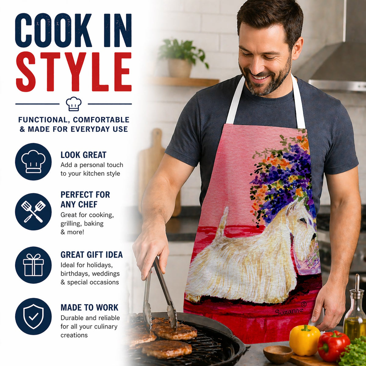 Scottish Terrier Apron Cooking Kitchen Server Baking Crafts Gardening for Adult Women Men, Unisex, Large, Multicolor