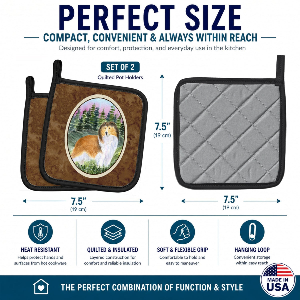 Sheltie Pot Holder Set of 2 Heat Resistant Quilted Hot Pads 7.5 x 7.5 Inch, Insulated Kitchen Trivets for Cooking & Baking