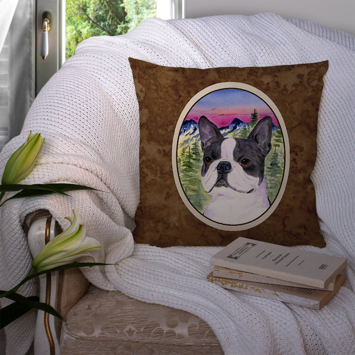 Boston Terrier Decorative Throw Pillow 14x14 Indoor Outdoor Accent Cushion, Fabric Cover with Insert for Sofa, Bed, Porch & Living Room