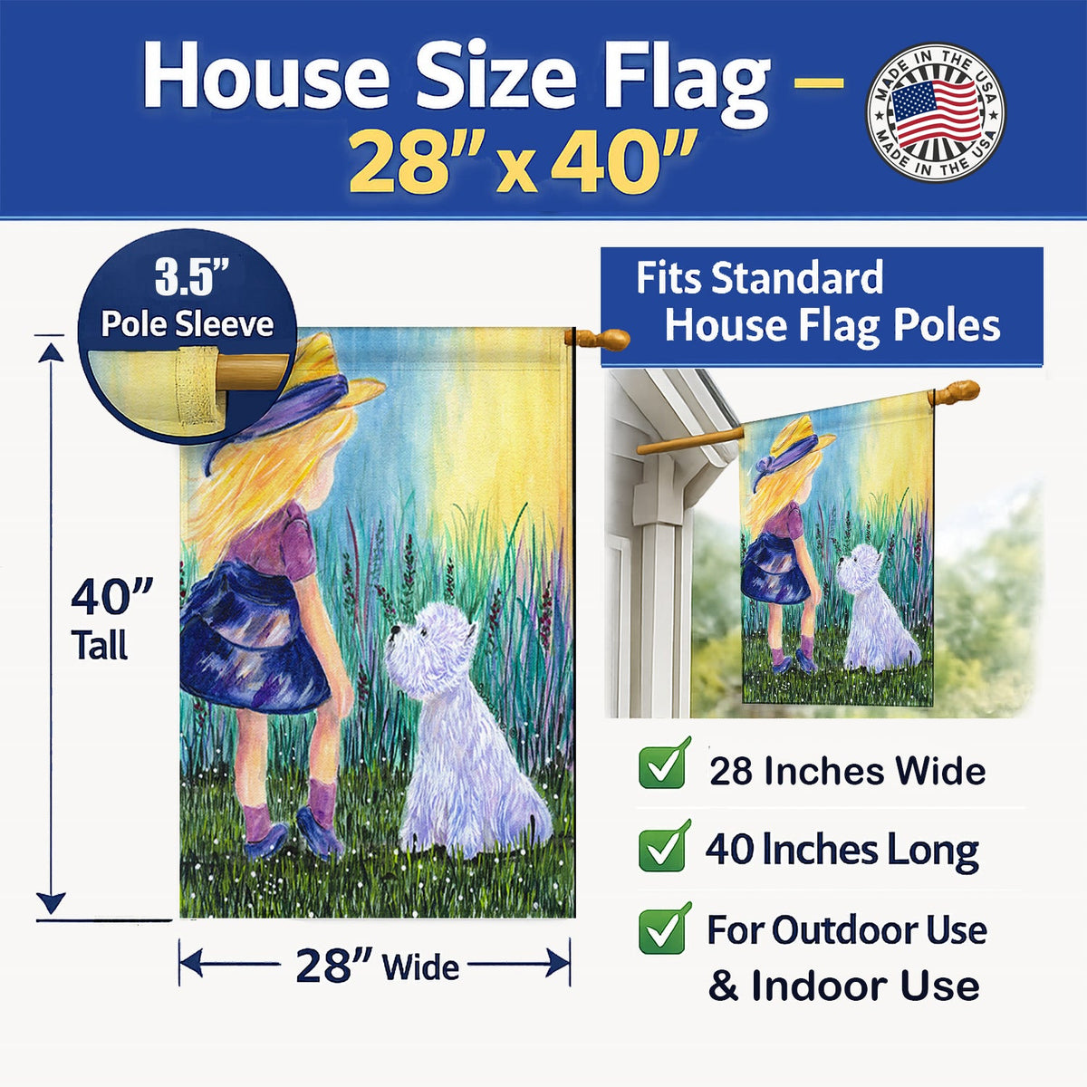 Little Girl with Westie House Flag 28x40 Porch Sleeve Pole Decorative Outside Yard Banner Artwork Wall Hanging, Polyester