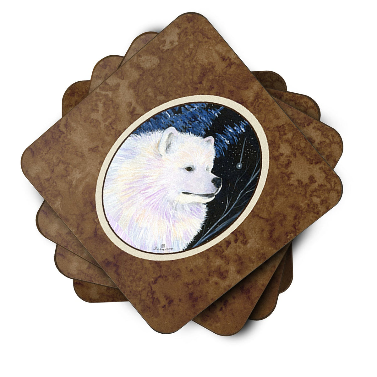 Starry Night Samoyed Foam Coasters Set of 4 Cup Coasters for Indoor Outdoor, Tabletop Protection, Anti Slip, Mouse pad Material
