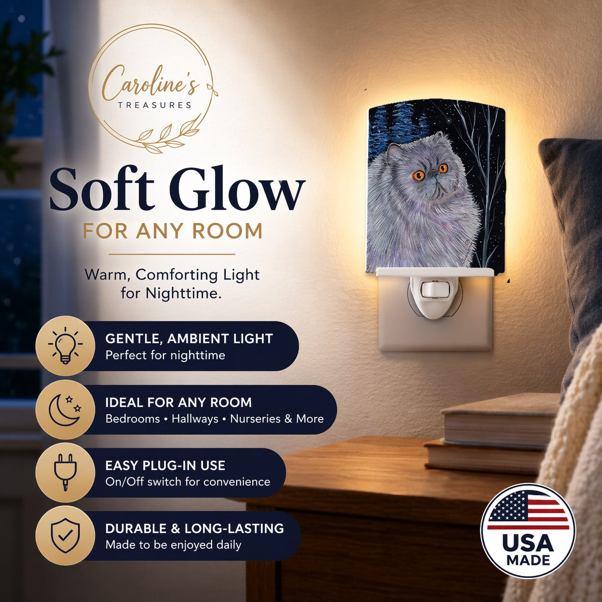 Starry Night Cat - Persian Ceramic Night Light Compact, UL-Certified, Ideal for Bedroom, Bathroom, Nursery, Hallway, Kitchen, 6x4x3, Multicolor