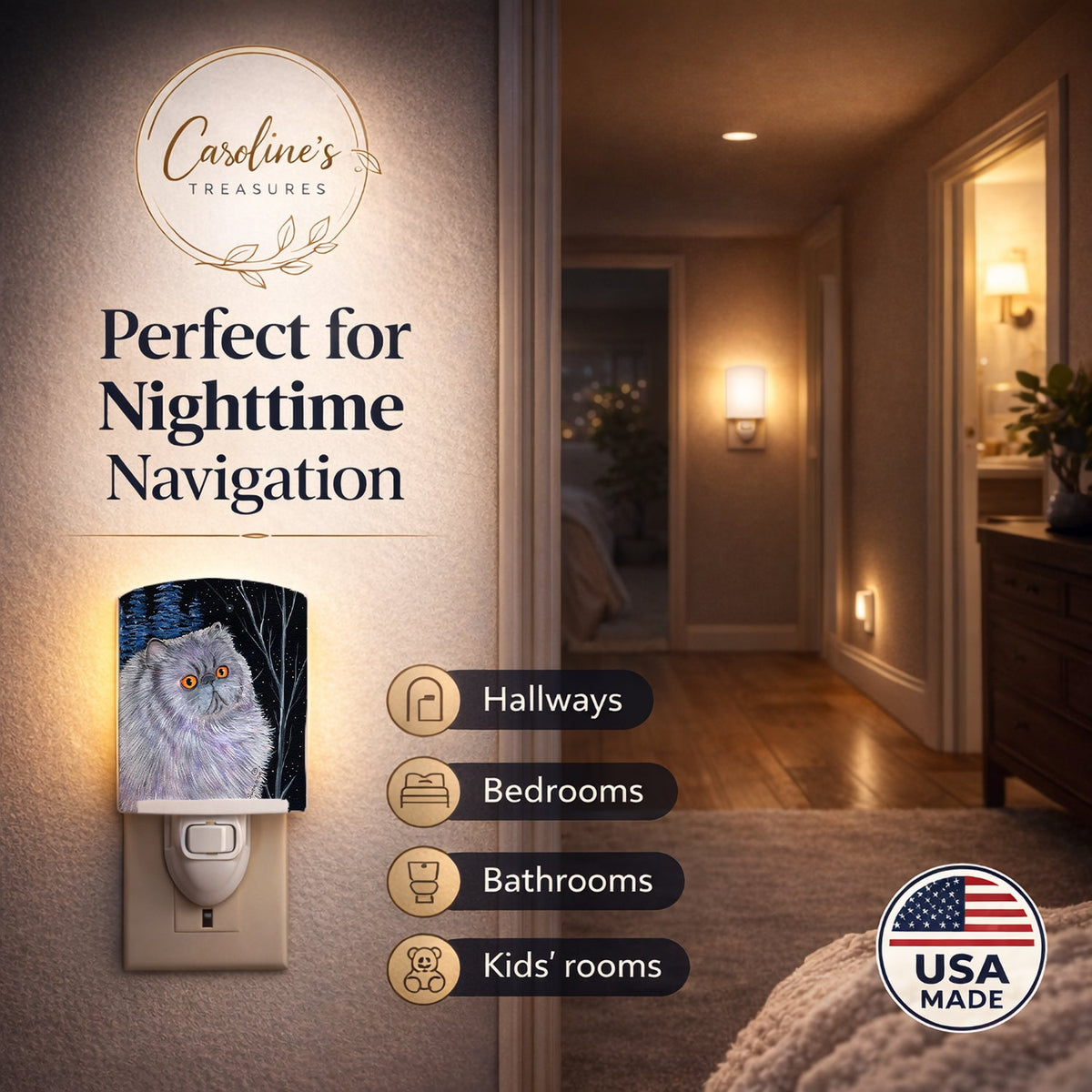 Starry Night Cat - Persian Ceramic Night Light Compact, UL-Certified, Ideal for Bedroom, Bathroom, Nursery, Hallway, Kitchen, 6x4x3, Multicolor