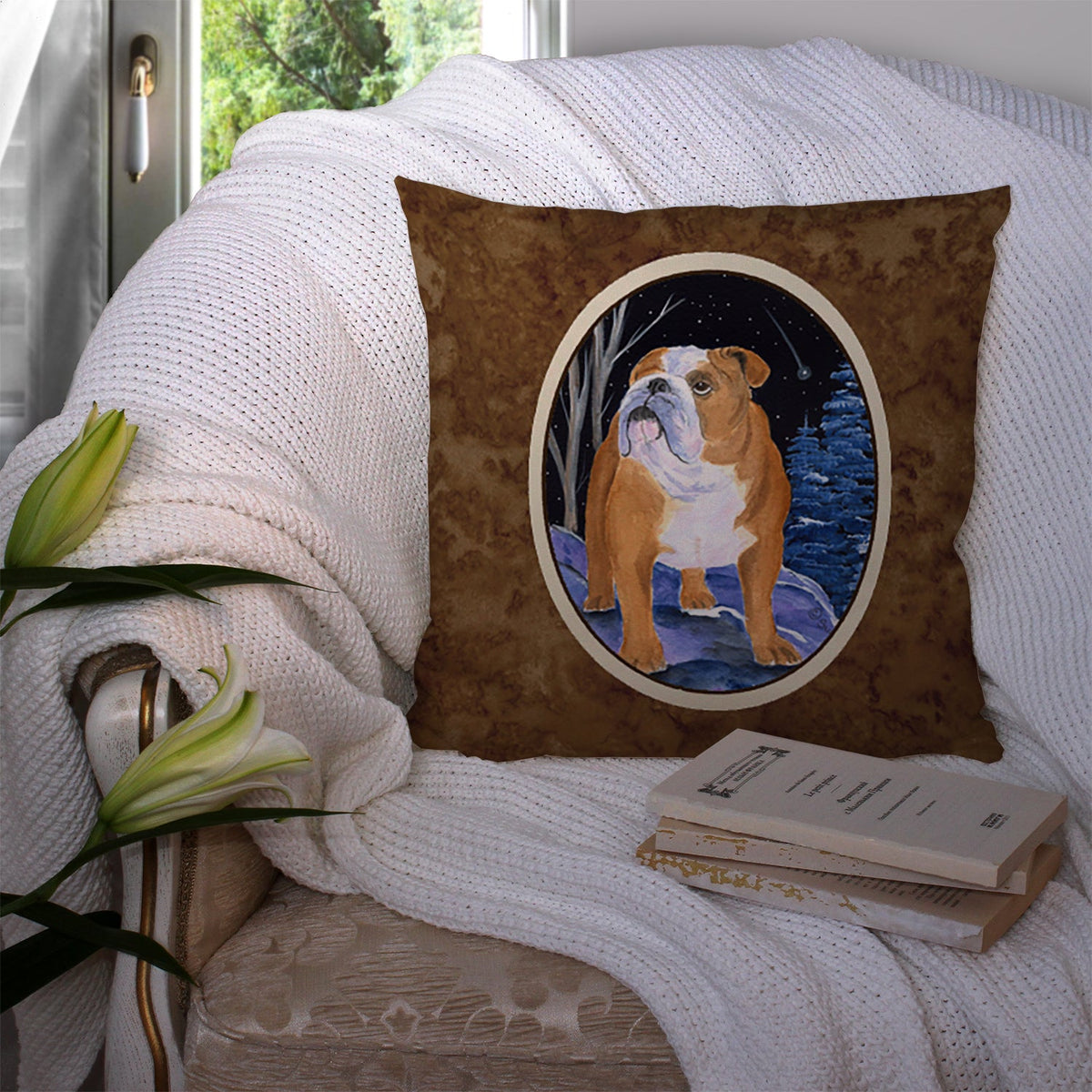 Starry Night English Bulldog Decorative Throw Pillow 14x14 Indoor Outdoor Accent Cushion, Fabric Cover with Insert for Sofa, Bed, Porch & Living Room