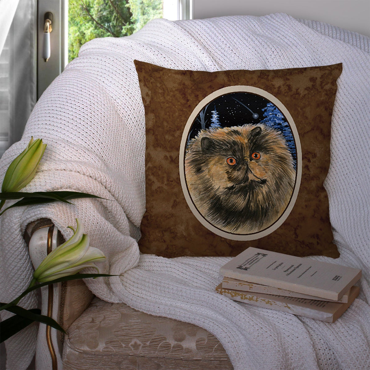 Starry Night Cat - Persian Decorative Throw Pillow 14x14 Indoor Outdoor Accent Cushion, Fabric Cover with Insert for Sofa, Bed, Porch & Living Room