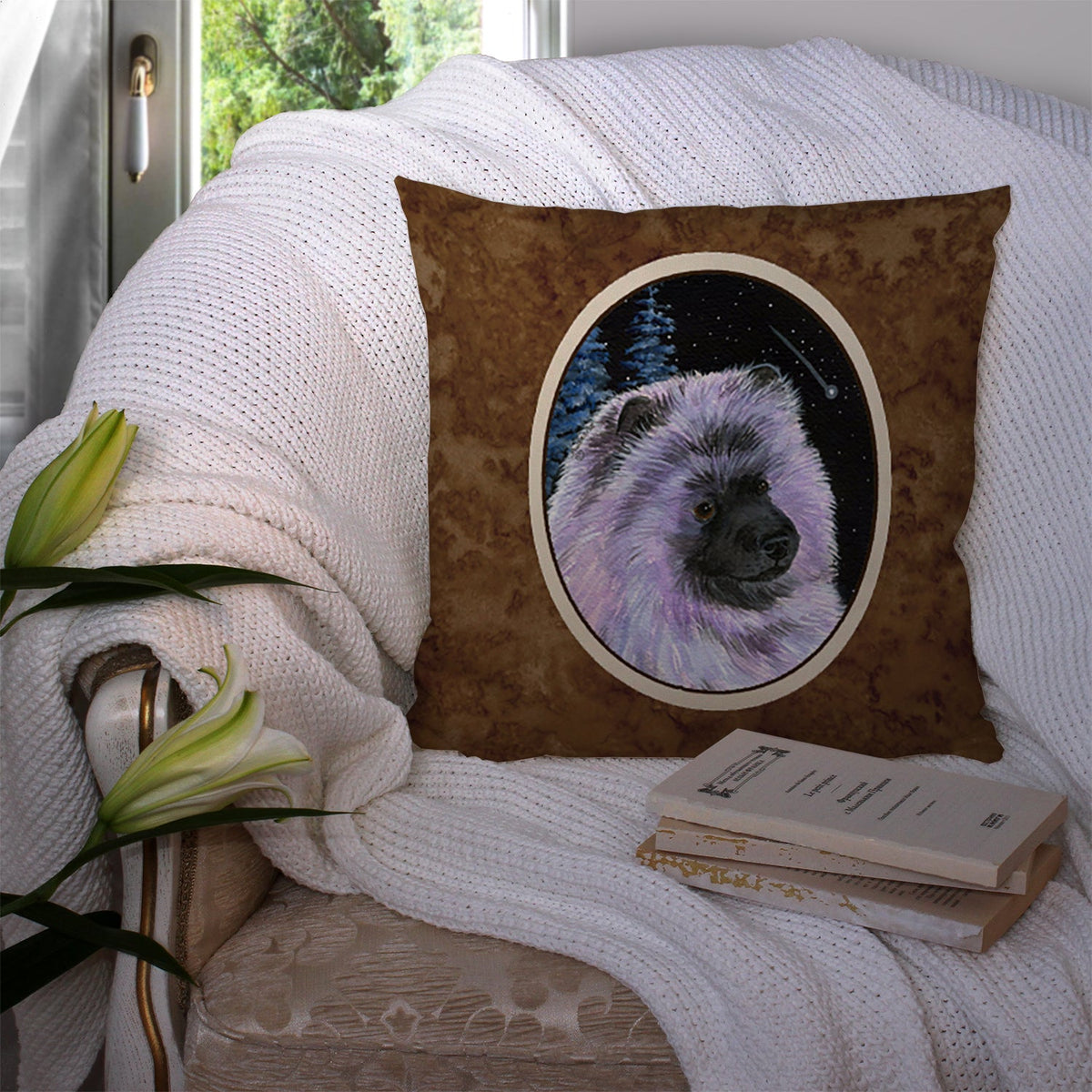 Starry Night Keeshond Decorative Throw Pillow 14x14 Indoor Outdoor Accent Cushion, Fabric Cover with Insert for Sofa, Bed, Porch & Living Room