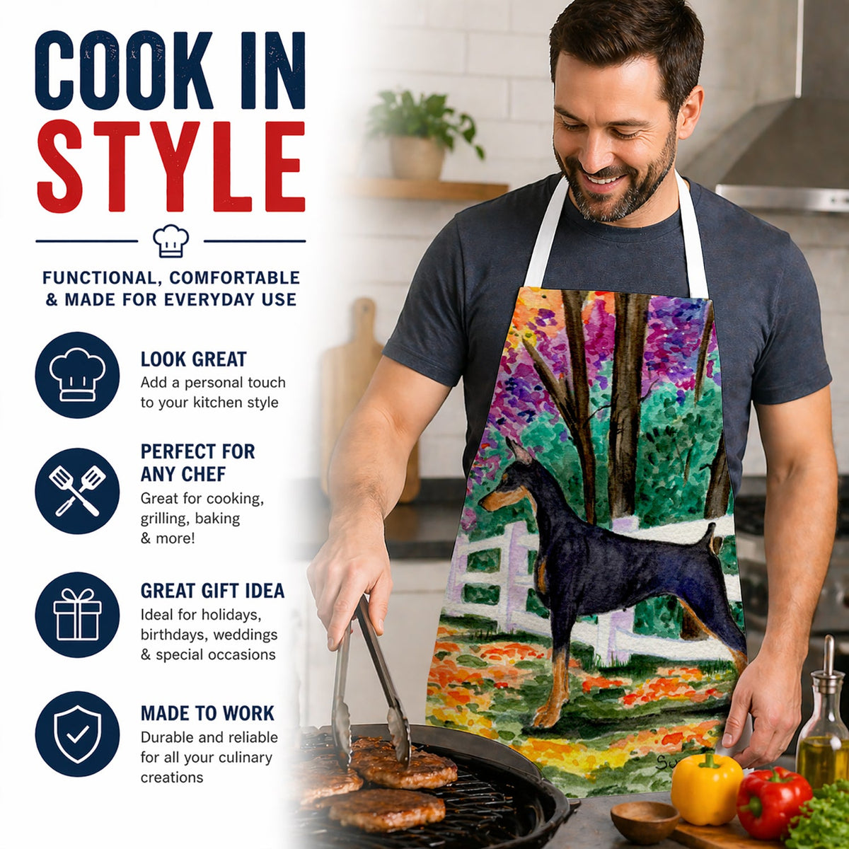 Doberman Apron Cooking Kitchen Server Baking Crafts Gardening for Adult Women Men, Unisex, Large, Multicolor