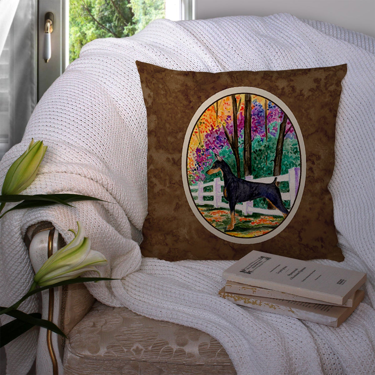 Doberman Decorative Throw Pillow 14x14 Indoor Outdoor Accent Cushion, Fabric Cover with Insert for Sofa, Bed, Porch & Living Room