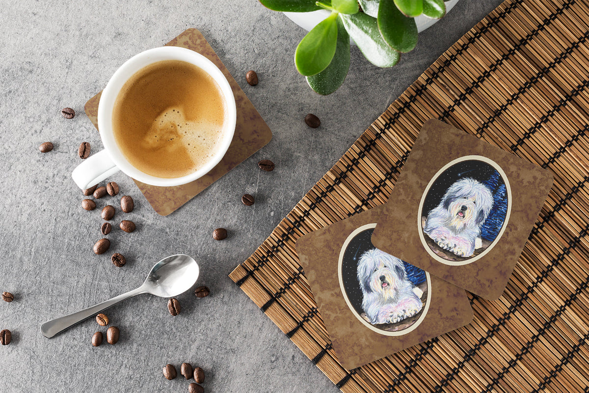 Starry Night Old English Sheepdog Foam Coasters Set of 4 Cup Coasters for Indoor Outdoor, Tabletop Protection, Anti Slip, Mouse pad Material