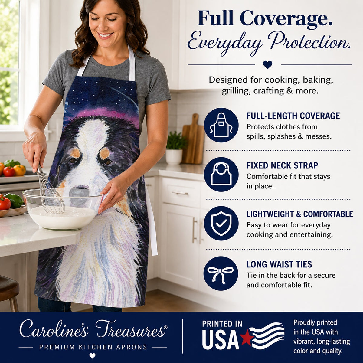 Starry Night Bernese Mountain Dog Apron Cooking Kitchen Server Baking Crafts Gardening for Adult Women Men, Unisex, Large, Multicolor