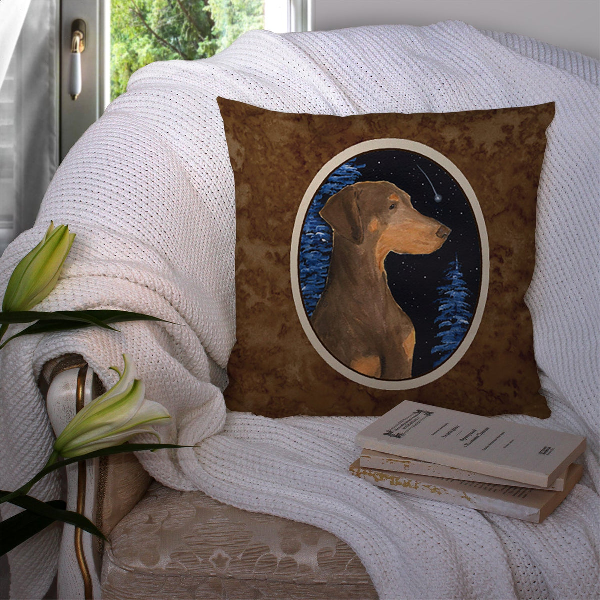 Starry Night Doberman Decorative Throw Pillow 14x14 Indoor Outdoor Accent Cushion, Fabric Cover with Insert for Sofa, Bed, Porch & Living Room