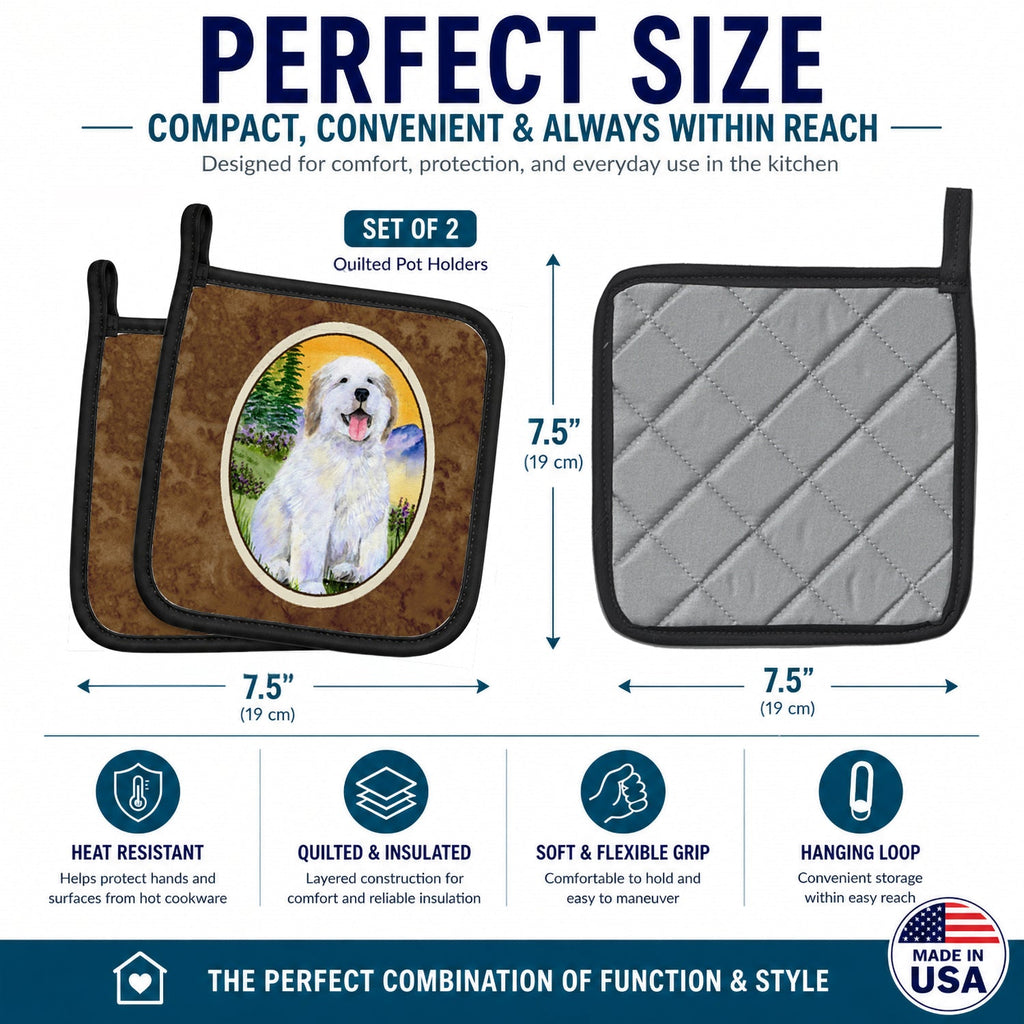 Great Pyrenees Pot Holder Set of 2 Heat Resistant Quilted Hot Pads 7.5 x 7.5 Inch, Insulated Kitchen Trivets for Cooking & Baking
