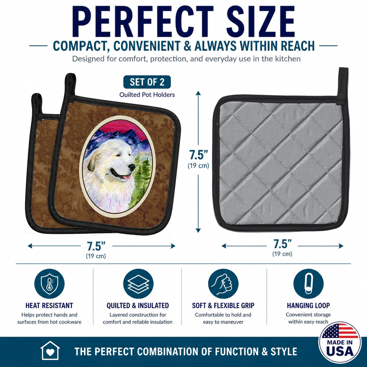 Great Pyrenees Pot Holder Set of 2 Heat Resistant Quilted Hot Pads 7.5 x 7.5 Inch, Insulated Kitchen Trivets for Cooking & Baking
