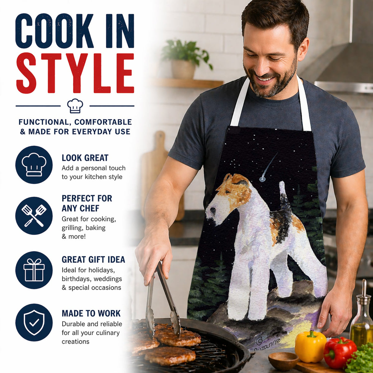 Starry Night Fox Terrier Apron Cooking Kitchen Server Baking Crafts Gardening for Adult Women Men, Unisex, Large, Multicolor
