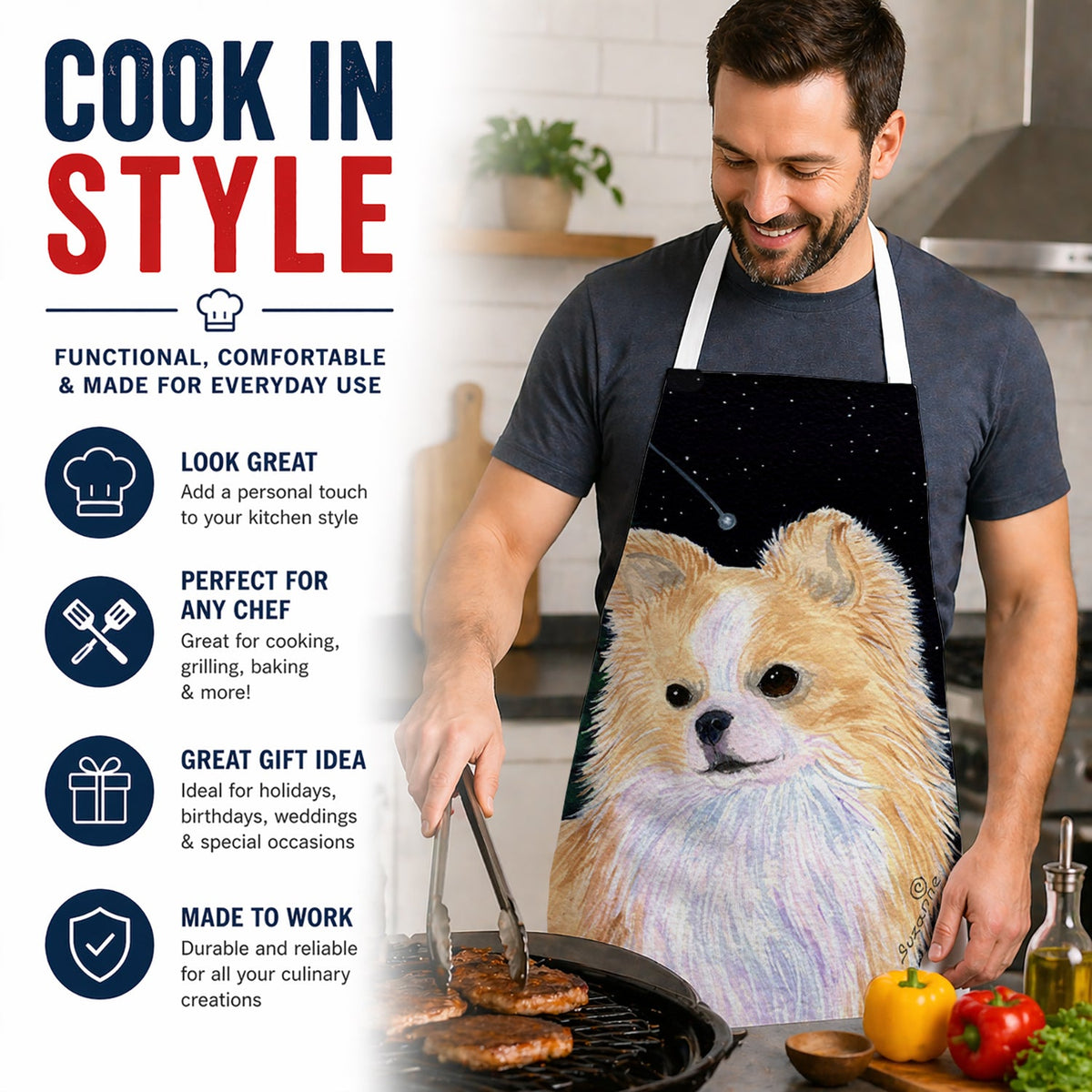 Starry Night Chihuahua Apron Cooking Kitchen Server Baking Crafts Gardening for Adult Women Men, Unisex, Large, Multicolor
