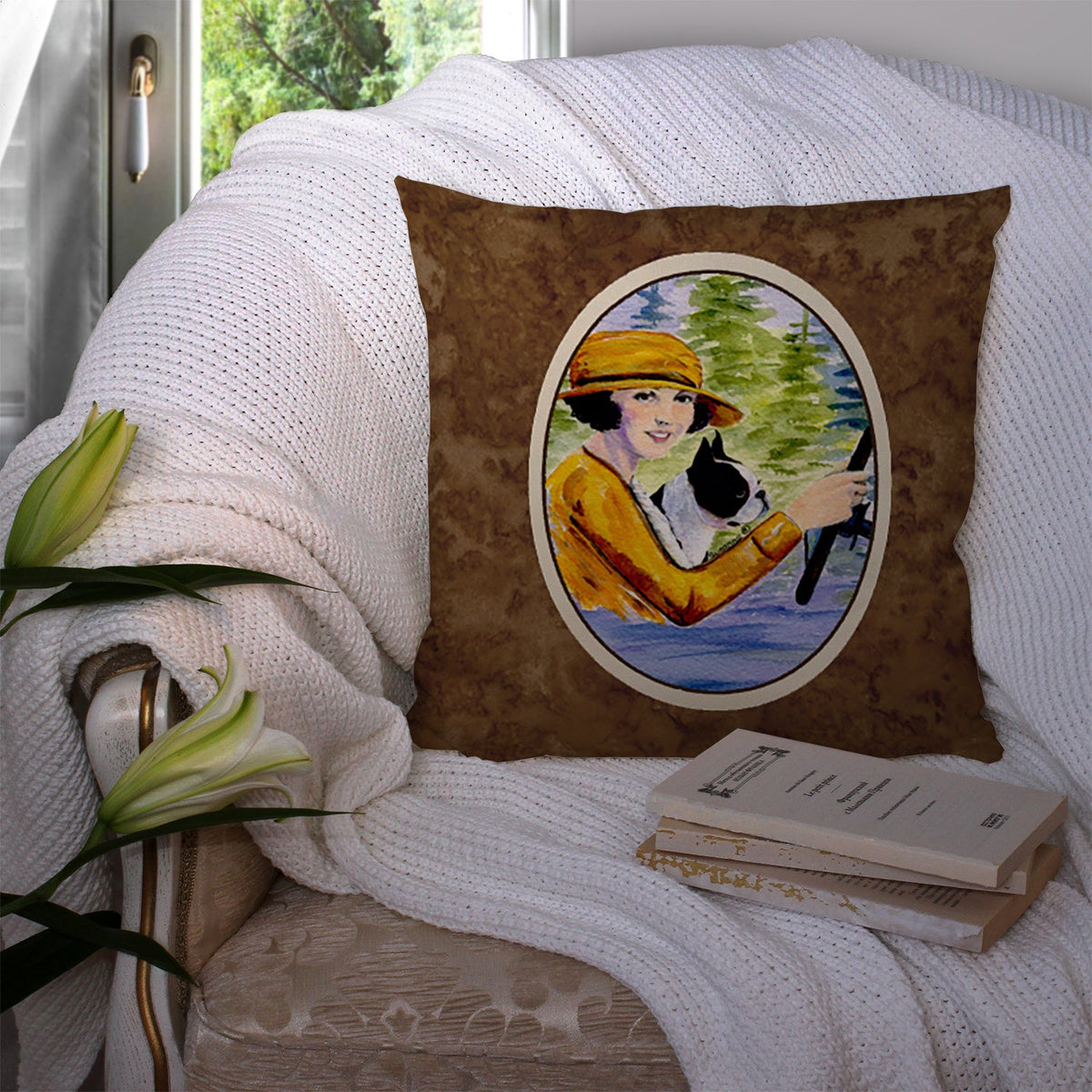 Woman driving with her Boston Terrier Decorative Throw Pillow 14x14 Indoor Outdoor Accent Cushion, Fabric Cover with Insert for Sofa, Bed, Porch & Living Room