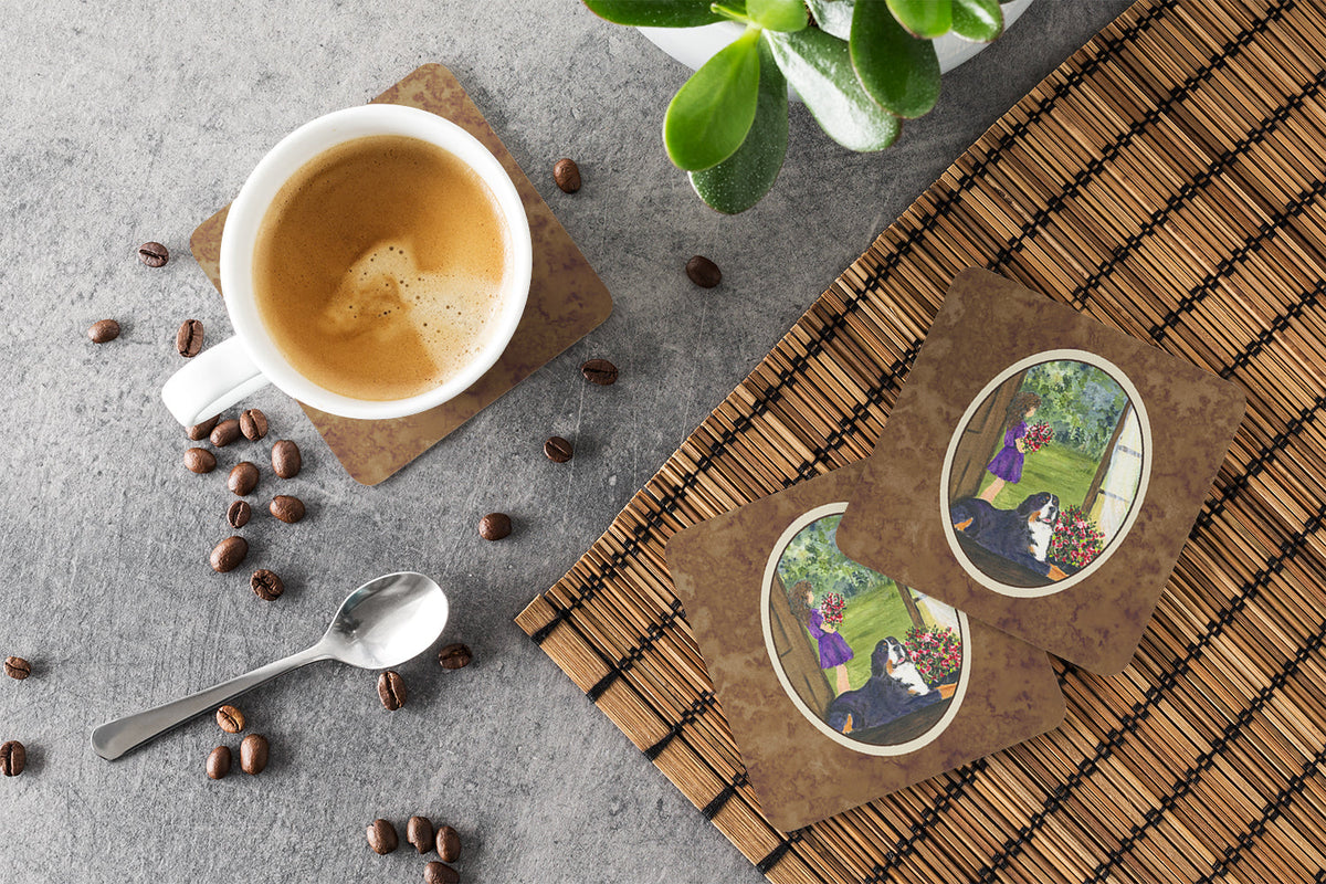 Little Girl with her Bernese Mountain Dog Foam Coasters Set of 4 Cup Coasters for Indoor Outdoor, Tabletop Protection, Anti Slip, Mouse pad Material