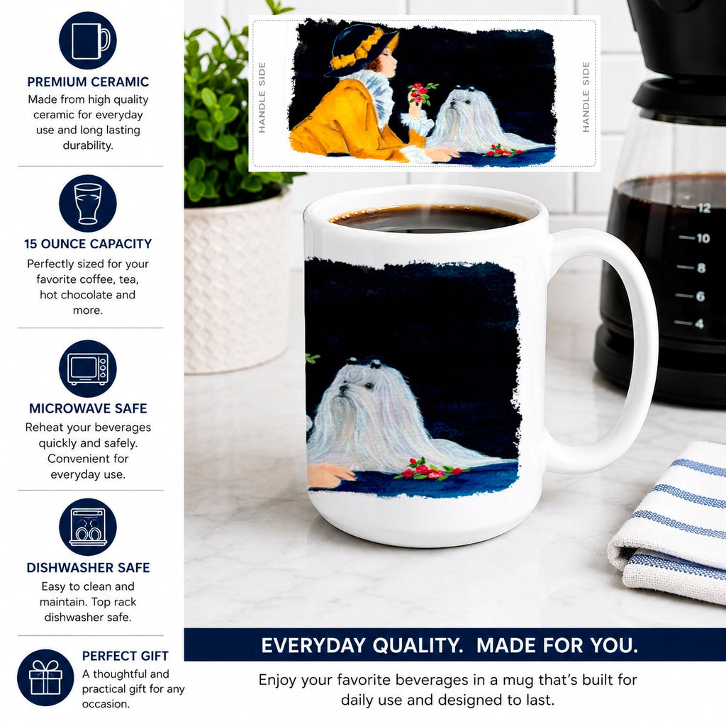 Lady with her Maltese Ceramic Coffee Mug 15 oz Decorative Large C Handle Mug Cup for Tea, Cocoa Hot Chocolate