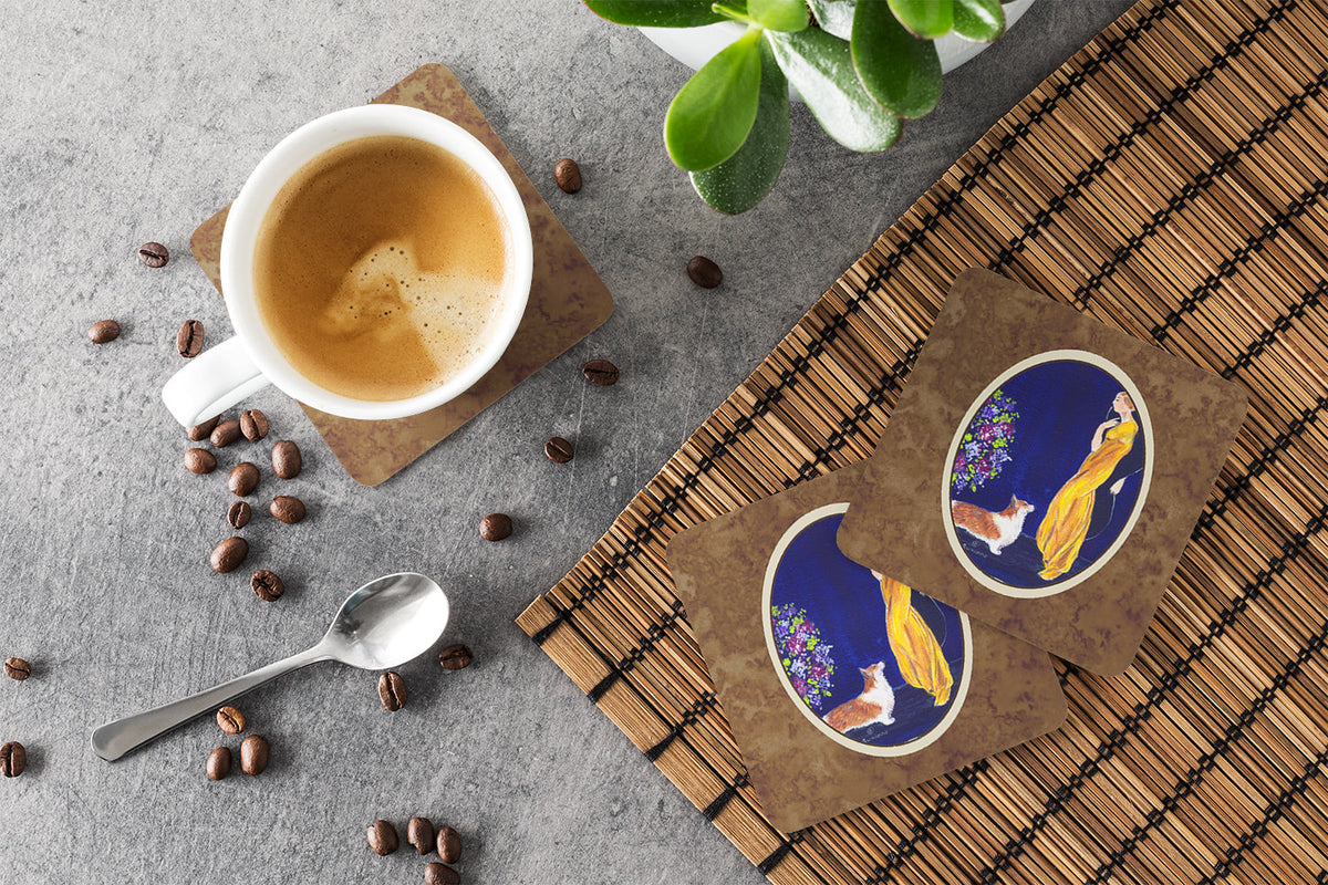 Lady with her Corgi Foam Coasters Set of 4 Cup Coasters for Indoor Outdoor, Tabletop Protection, Anti Slip, Mouse pad Material