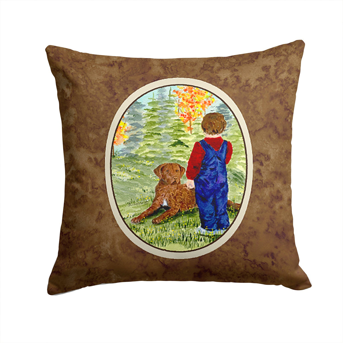 Little boy with his Chesapeake Bay Retriever Decorative Throw Pillow 14x14 Indoor Outdoor Accent Cushion, Fabric Cover with Insert for Sofa, Bed, Porch & Living Room
