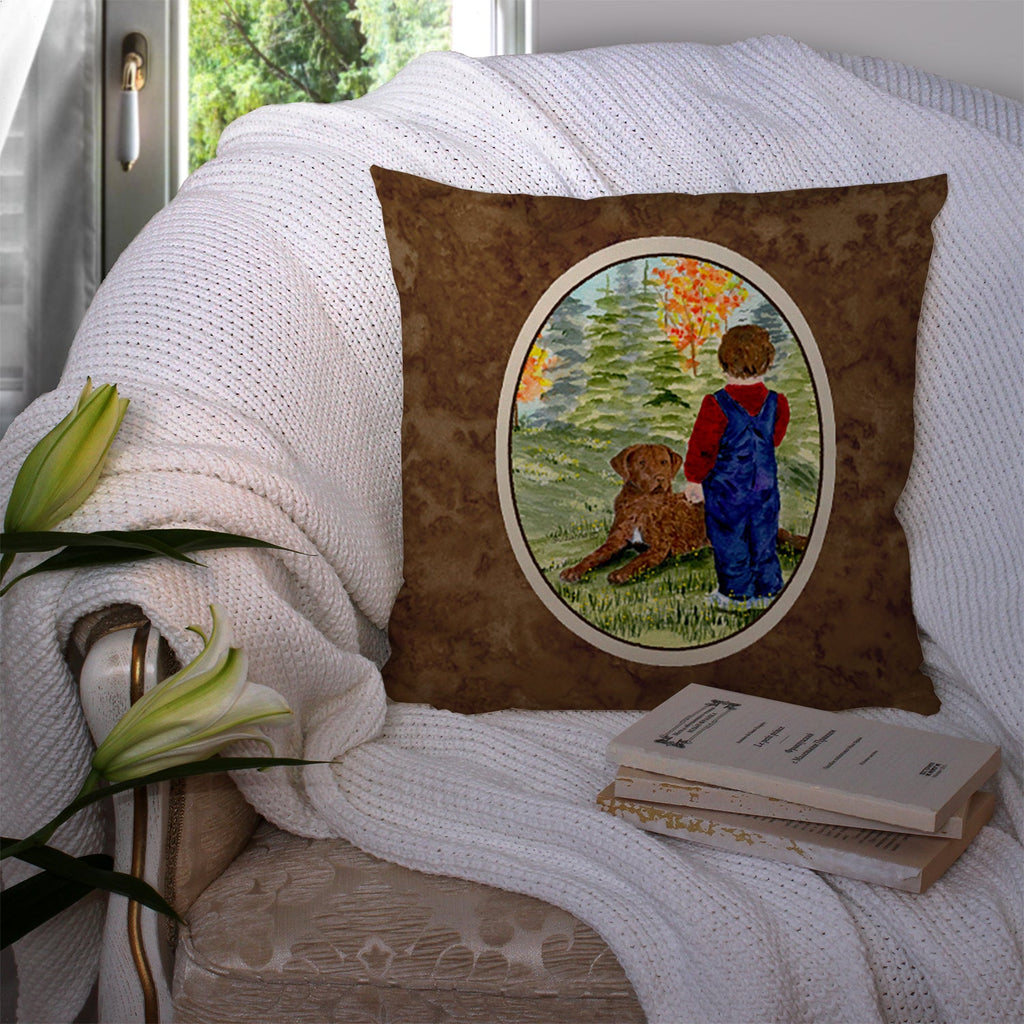 Little boy with his Chesapeake Bay Retriever Decorative Throw Pillow 14x14 Indoor Outdoor Accent Cushion, Fabric Cover with Insert for Sofa, Bed, Porch & Living Room