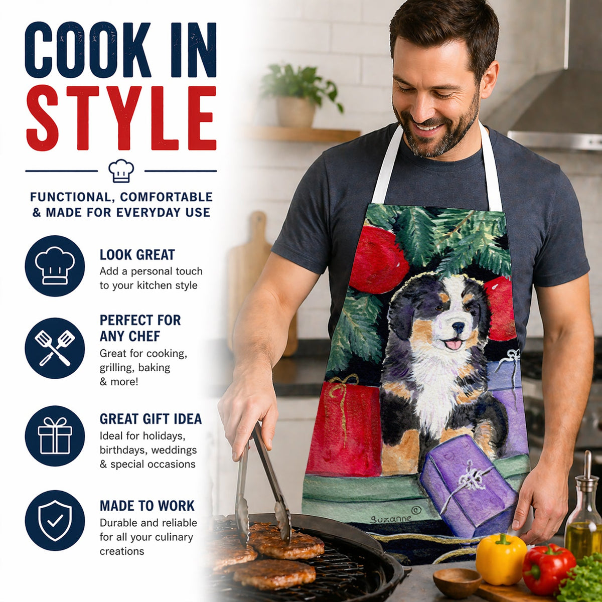 Bernese Mountain Dog Apron Cooking Kitchen Server Baking Crafts Gardening for Adult Women Men, Unisex, Large, Multicolor