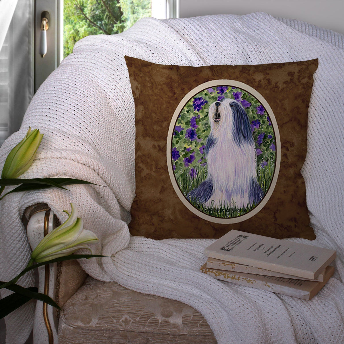 Bearded Collie Decorative Throw Pillow 14x14 Indoor Outdoor Accent Cushion, Fabric Cover with Insert for Sofa, Bed, Porch & Living Room