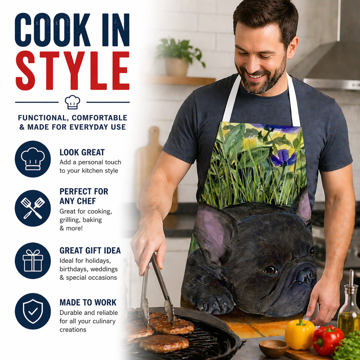 French Bulldog Apron Cooking Kitchen Server Baking Crafts Gardening for Adult Women Men, Unisex, Large, Multicolor