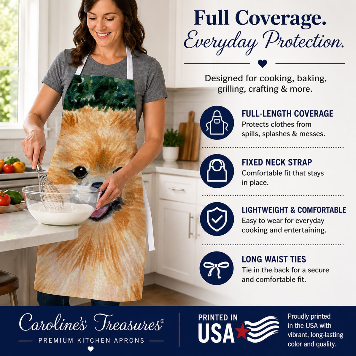 Pomeranian Apron Cooking Kitchen Server Baking Crafts Gardening for Adult Women Men, Unisex, Large, Multicolor