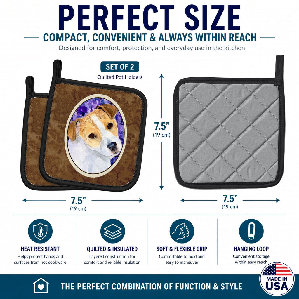 Jack Russell Terrier Pot Holder Set of 2 Heat Resistant Quilted Hot Pads 7.5 x 7.5 Inch, Insulated Kitchen Trivets for Cooking & Baking