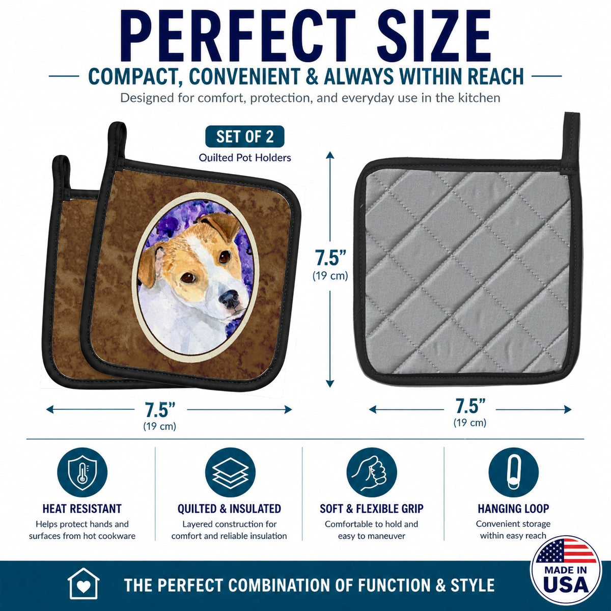 Jack Russell Terrier Pot Holder Set of 2 Heat Resistant Quilted Hot Pads 7.5 x 7.5 Inch, Insulated Kitchen Trivets for Cooking & Baking