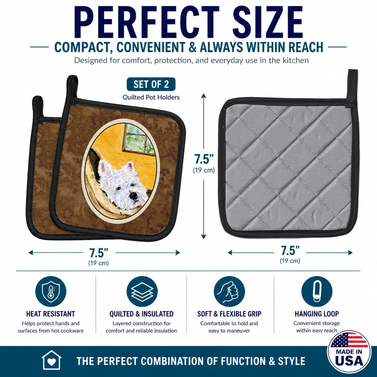 Westie Pot Holder Set of 2 Heat Resistant Quilted Hot Pads 7.5 x 7.5 Inch, Insulated Kitchen Trivets for Cooking & Baking