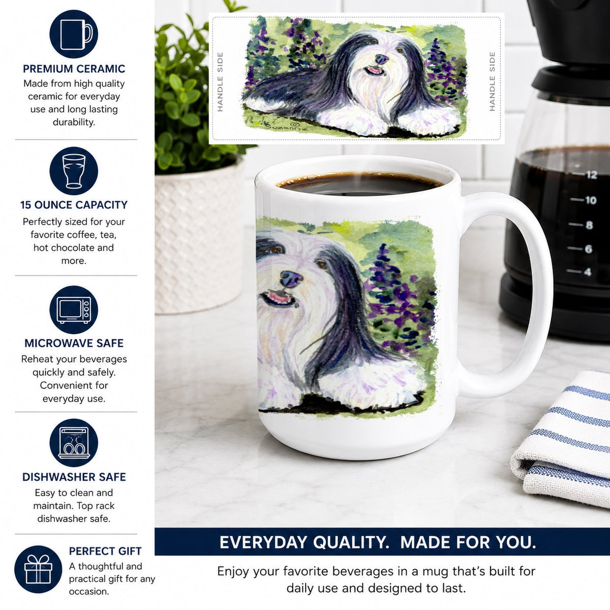 Bearded Collie Ceramic Coffee Mug 15 oz Decorative Large C Handle Mug Cup for Tea, Cocoa Hot Chocolate