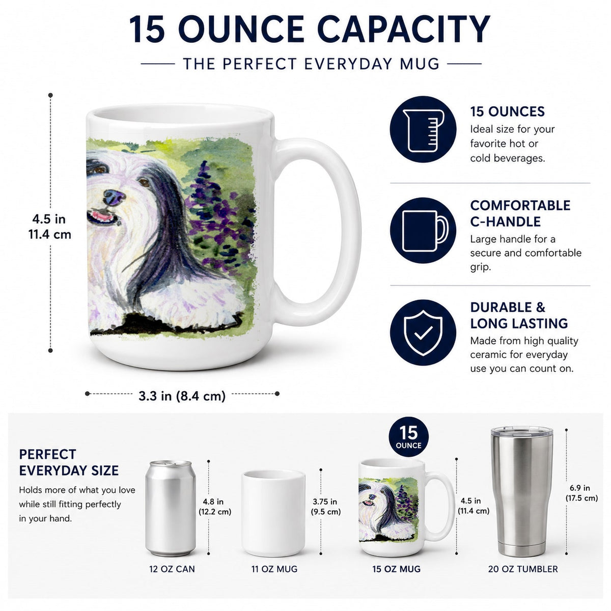 Bearded Collie Ceramic Coffee Mug 15 oz Decorative Large C Handle Mug Cup for Tea, Cocoa Hot Chocolate