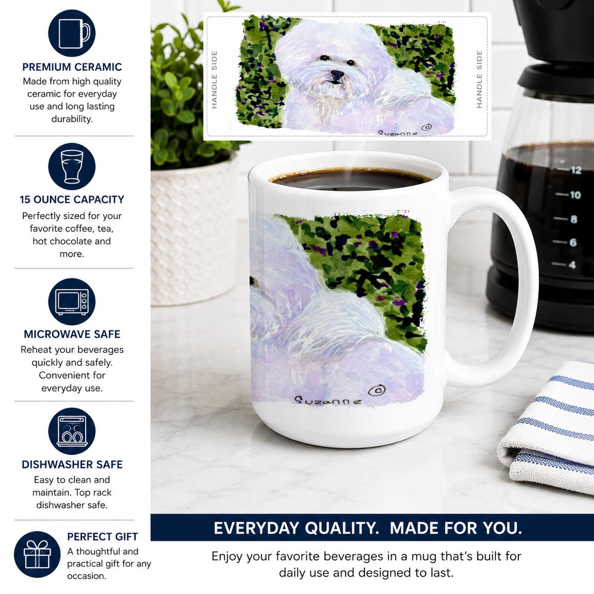 Bichon Frise Ceramic Coffee Mug 15 oz Decorative Large C Handle Mug Cup for Tea, Cocoa Hot Chocolate