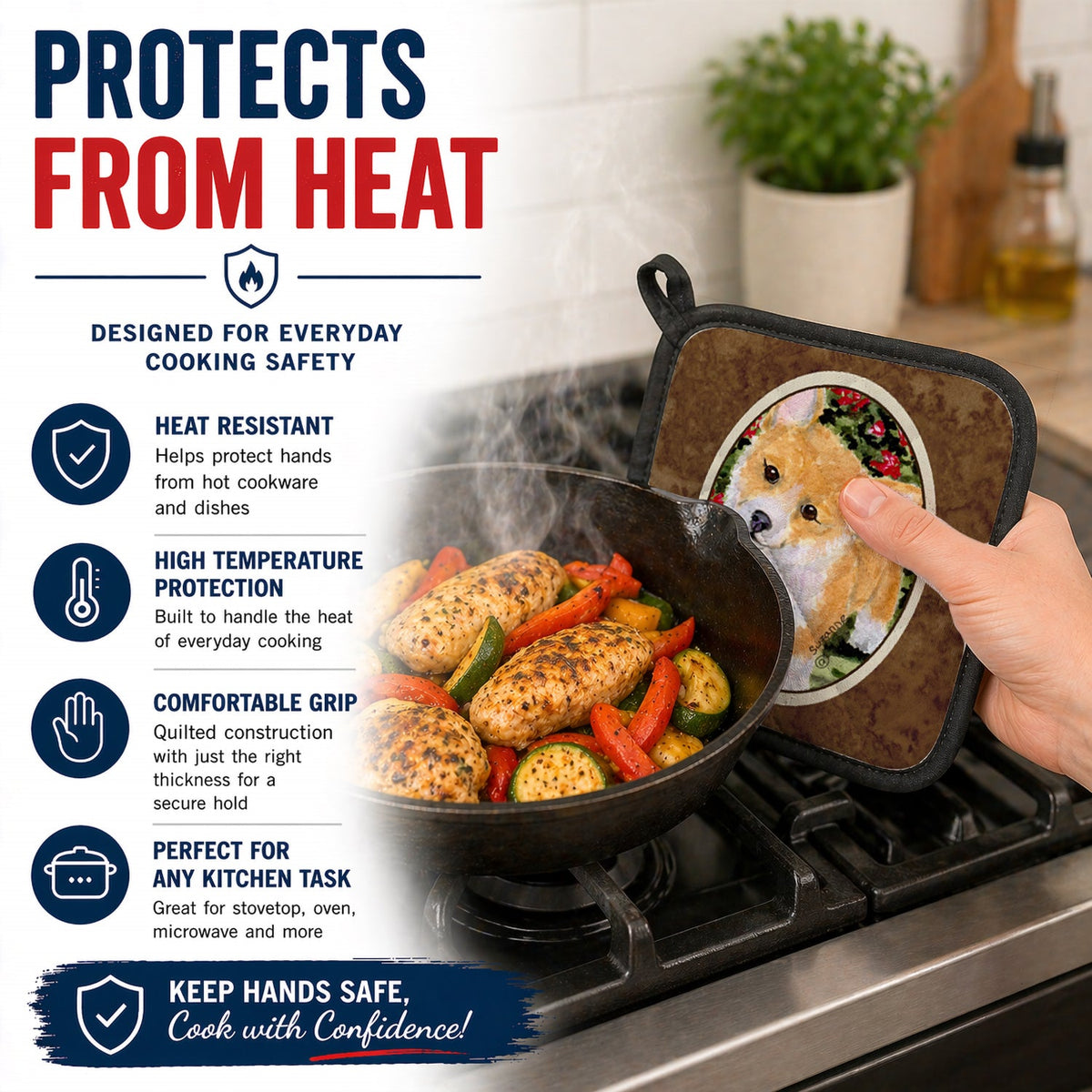 Corgi Pot Holder Set of 2 Heat Resistant Quilted Hot Pads 7.5 x 7.5 Inch, Insulated Kitchen Trivets for Cooking & Baking