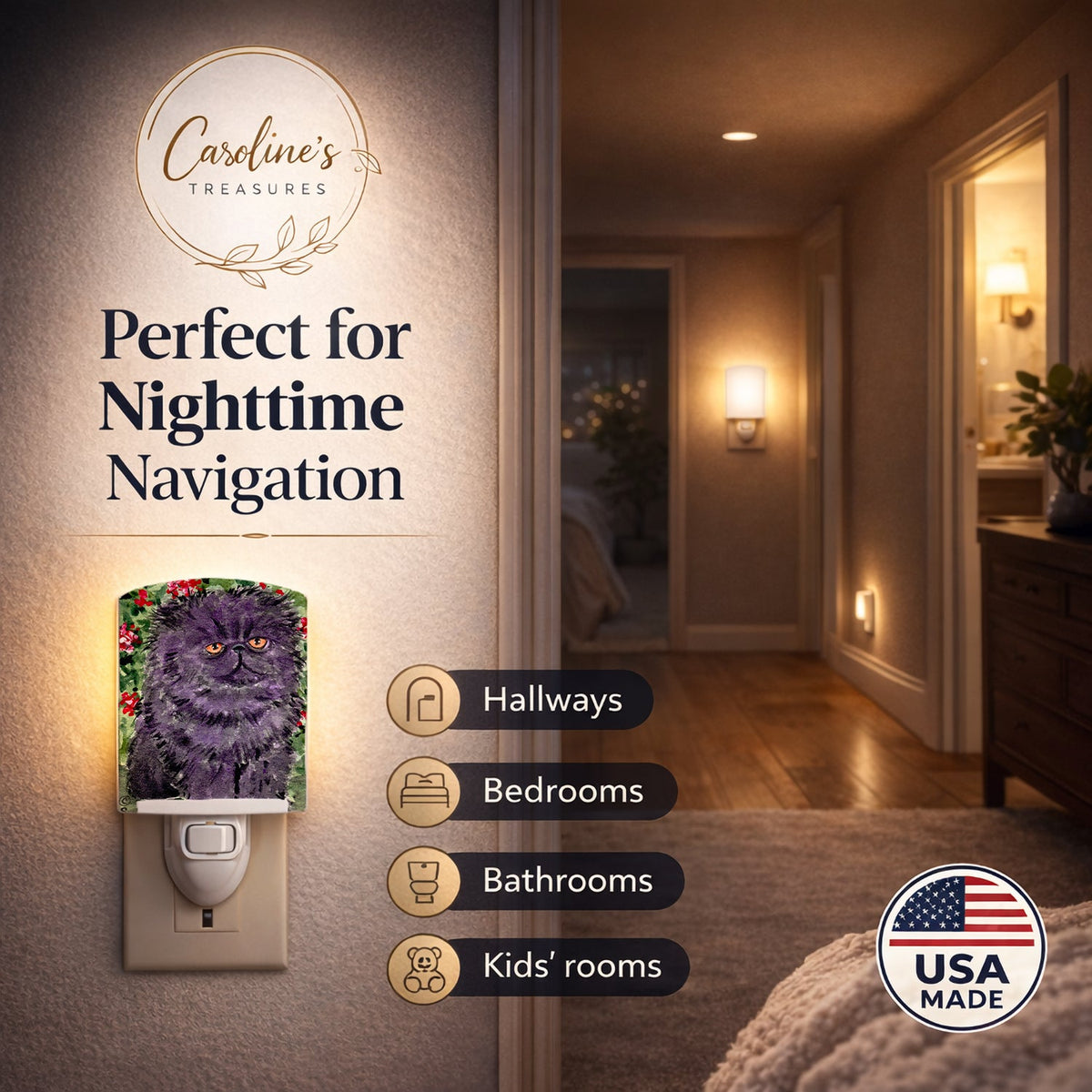 Persian Cat Ceramic Night Light Compact, UL-Certified, Ideal for Bedroom, Bathroom, Nursery, Hallway, Kitchen, 6x4x3, Multicolor